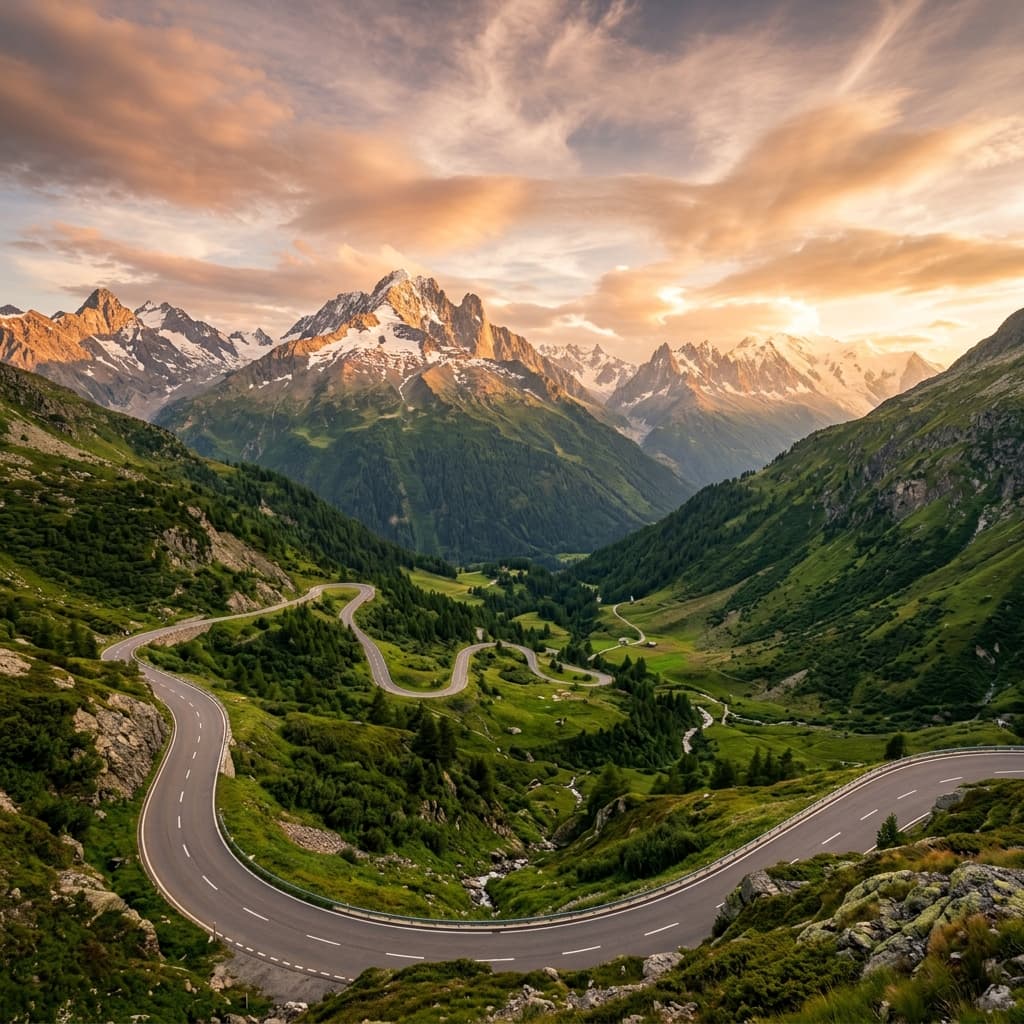 Scenic mountain road at golden hour